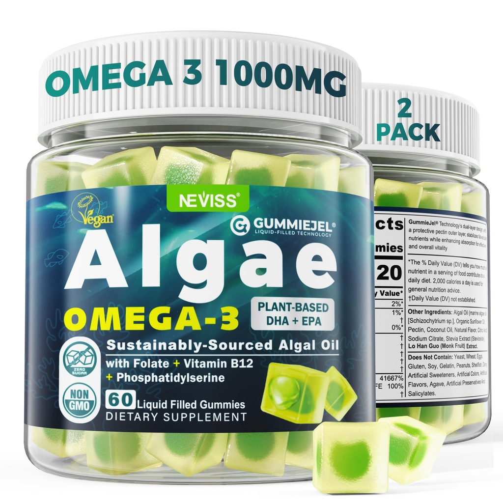 2 Pack Algae Omega 3 Gummies for Adults, Plant Based DHA 460mg & EPA 230mg, Omega 3 Fish Oil Alternative for Adults, Plus MethylFolate, Vitamin B12, Phosphatidylserine, No Fishy Taste, Sugar Free