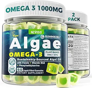 2 Συσκευασίες Algae Omega 3 Gummies 1000mg, Plant Based DHA 460mg & EPA 230mg, Omega 3 Fish Oil Εναλλακτική λύση για ενήλικες, Plus MethylFolate, Βιταμίνη B12, Phosphatidylserine, Χωρίς Fishy Γεύση, Vegan, Χωρίς ζάχαρη