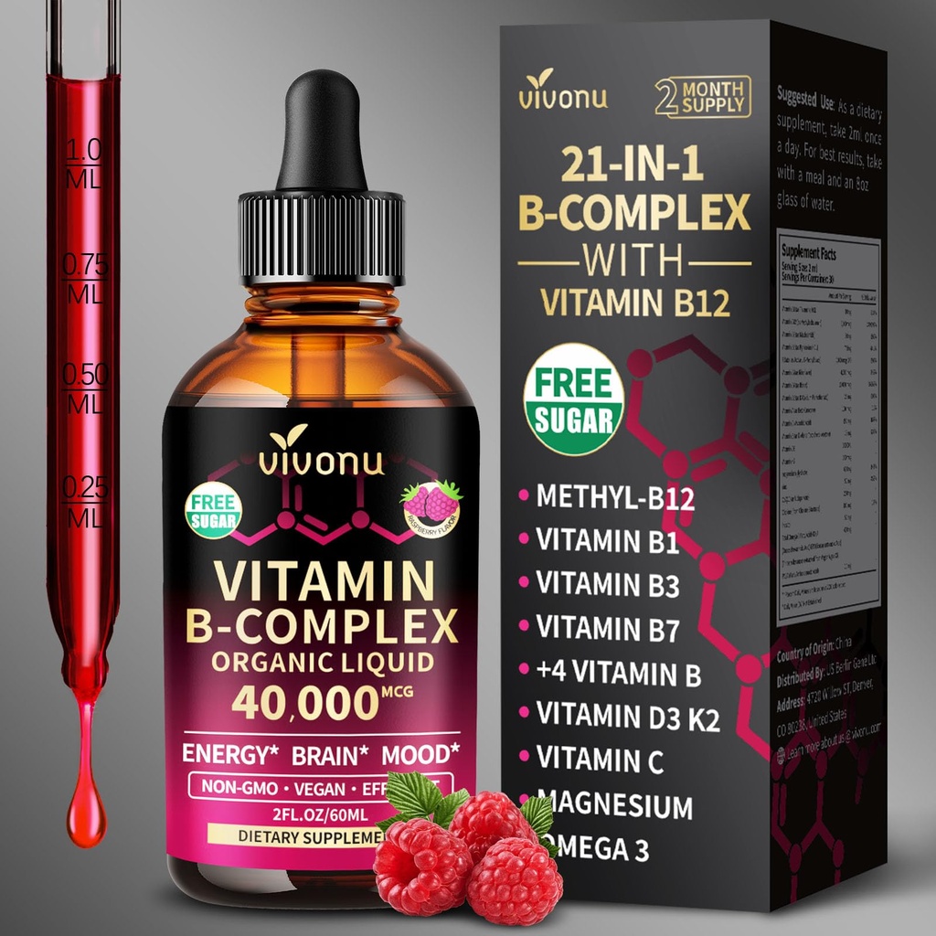 VivoNu 6000mcg Vitamin B12 Liquid Drops, Vitamin B Complex, B6 B1, B2, B3, B5, and Methylfolate Support Energy, Raspberry Flavor, Natural Ingredient, Non GMO