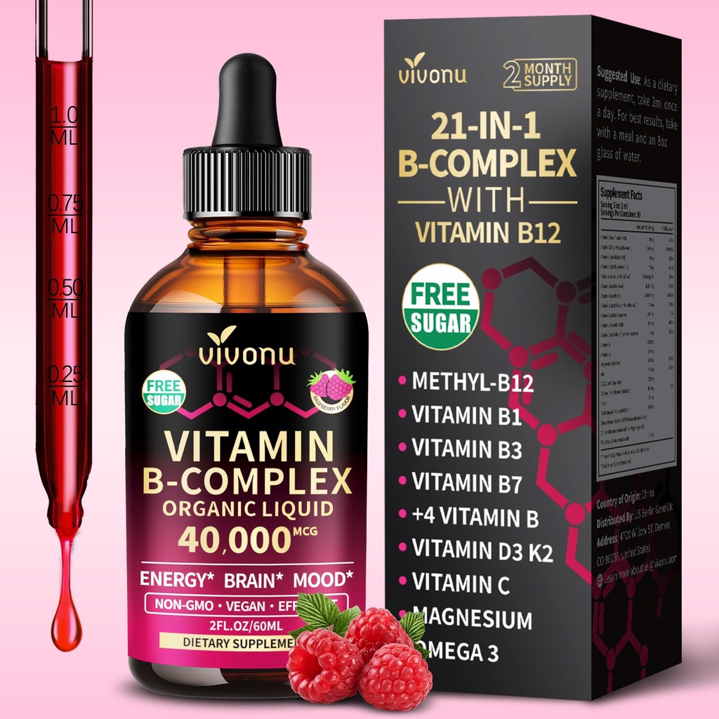 VivoNu Vitamin B Complex Liquid Drops, Vitamin B12, B6 B1, B2, B3, B5, and Methylfolate Support Energy, Raspberry Flavor, Natural Ingredient, Non GMO