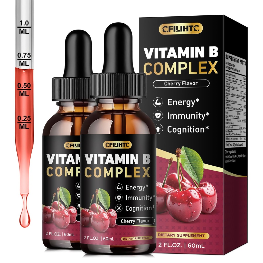 CFILIHTC (2 Pack) Vitamin B Complex Liquid Drops, B Vitamins Complex Supplement with B1, B2, B3, B5 B6, B7, B9 & Methyl B12 Drops for Adults & Kids, Vegan, Cherry Flavor
