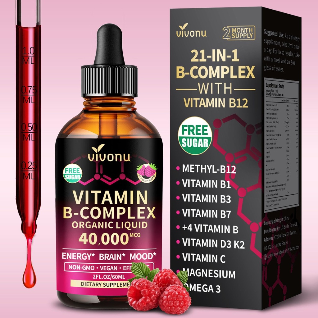 VivoNu Vitamin B Complex Liquid Drops, Vitamin B12 (6000 mcg), B6 B1, B2, B3, B5, Methylfolate with Vitamins C A D E Magnesium, Zinc, CoQ10 Raspberry Flavor, Natural Ingredient, Non GMO