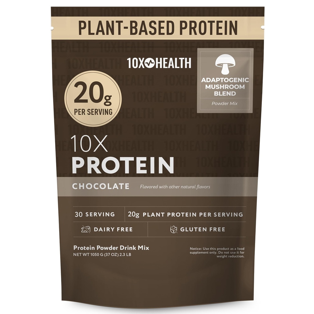 10X Health Vegan Protein Powder - Plant-Based Protein Powder with 20g Protein per Serving - Dairy Free, Gluten Free, Chocolate Flavor, 30 Servings