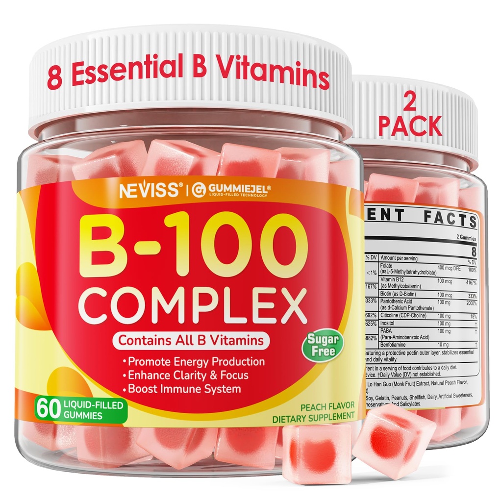 2 Pack Super Vitamin B Complex Gummies - Methylated B Complex for Women & Men, All B Vitamins, Methyl B12, Methylfolate, Vitamin C, Choline, Inositol, PABA for Energy, Brain & Immune, 0g Sugar, Vegan