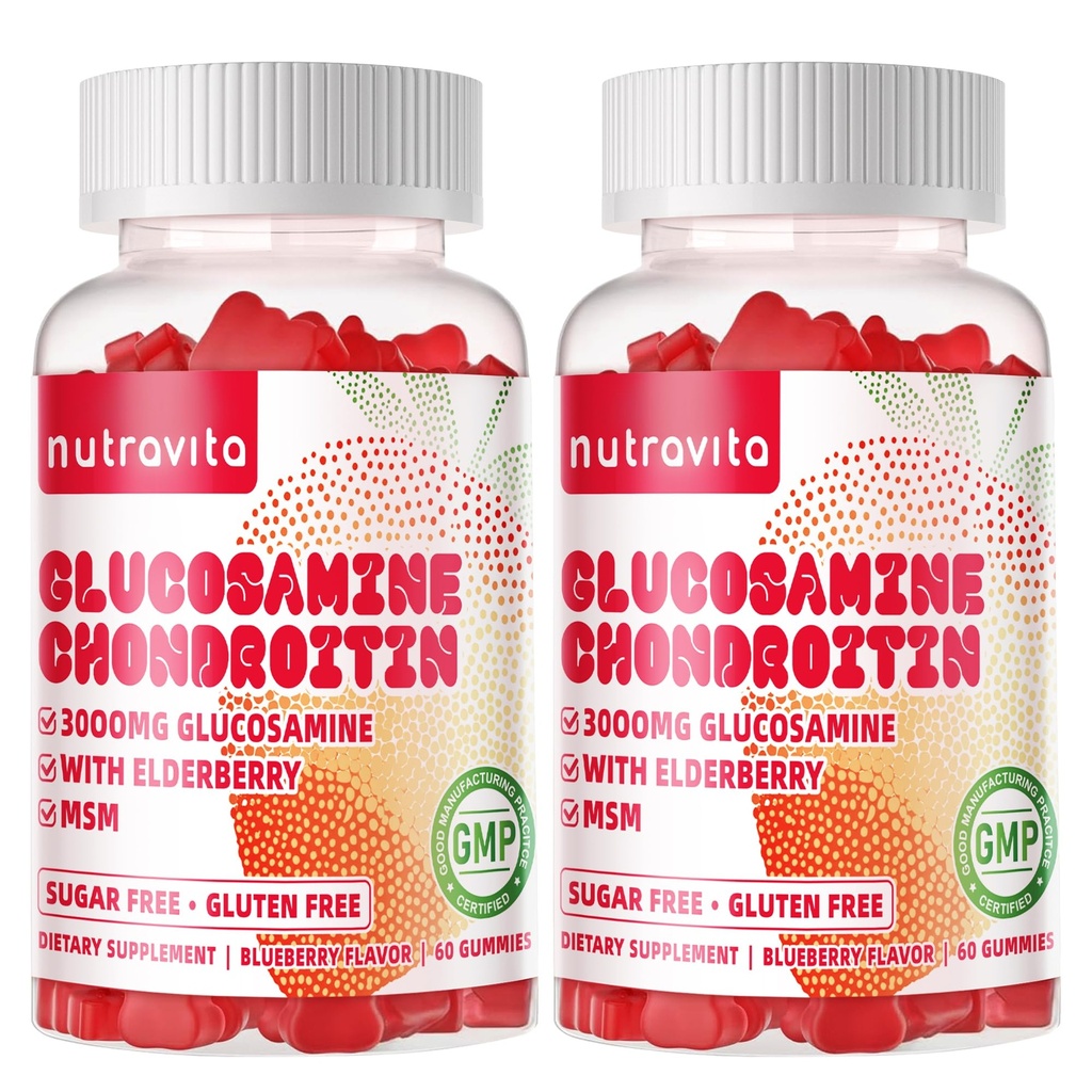 Nutravita Glucosamine Chondroitin Gummies με MSM & Elderberry Extra Strength - Κοινή Υποστήριξη, Αντιοξειδωτικό συμπλήρωμα υποστήριξης ανοσοποιητικών για ενήλικες, άνδρες και γυναίκες. 120 μάσημα φράουλας