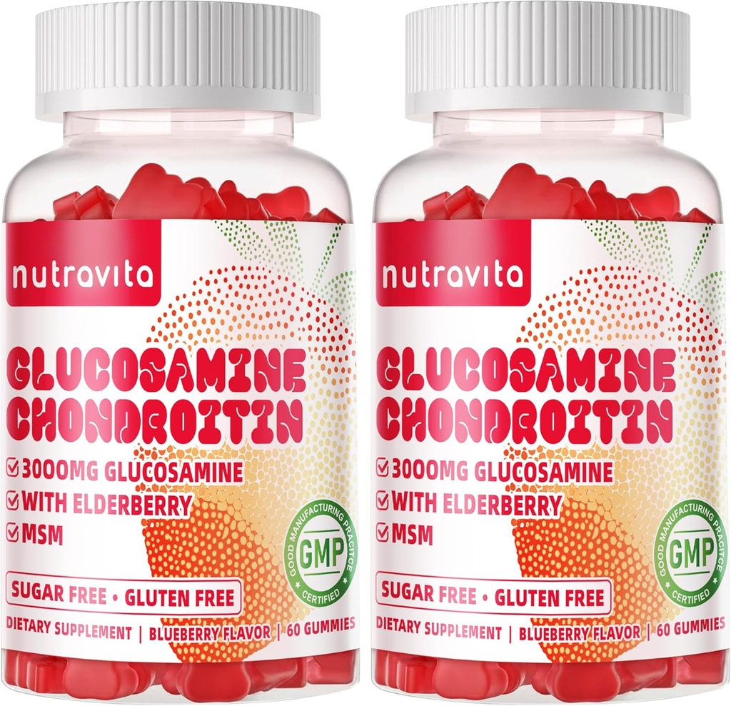 Nutravita Glucosamine Chondroitin Gummies με MSM & Elderberry Extra Strength - Κοινή Υποστήριξη, Αντιοξειδωτικό συμπλήρωμα υποστήριξης ανοσοποιητικών για ενήλικες, άνδρες και γυναίκες. 120 μάσημα φράουλας