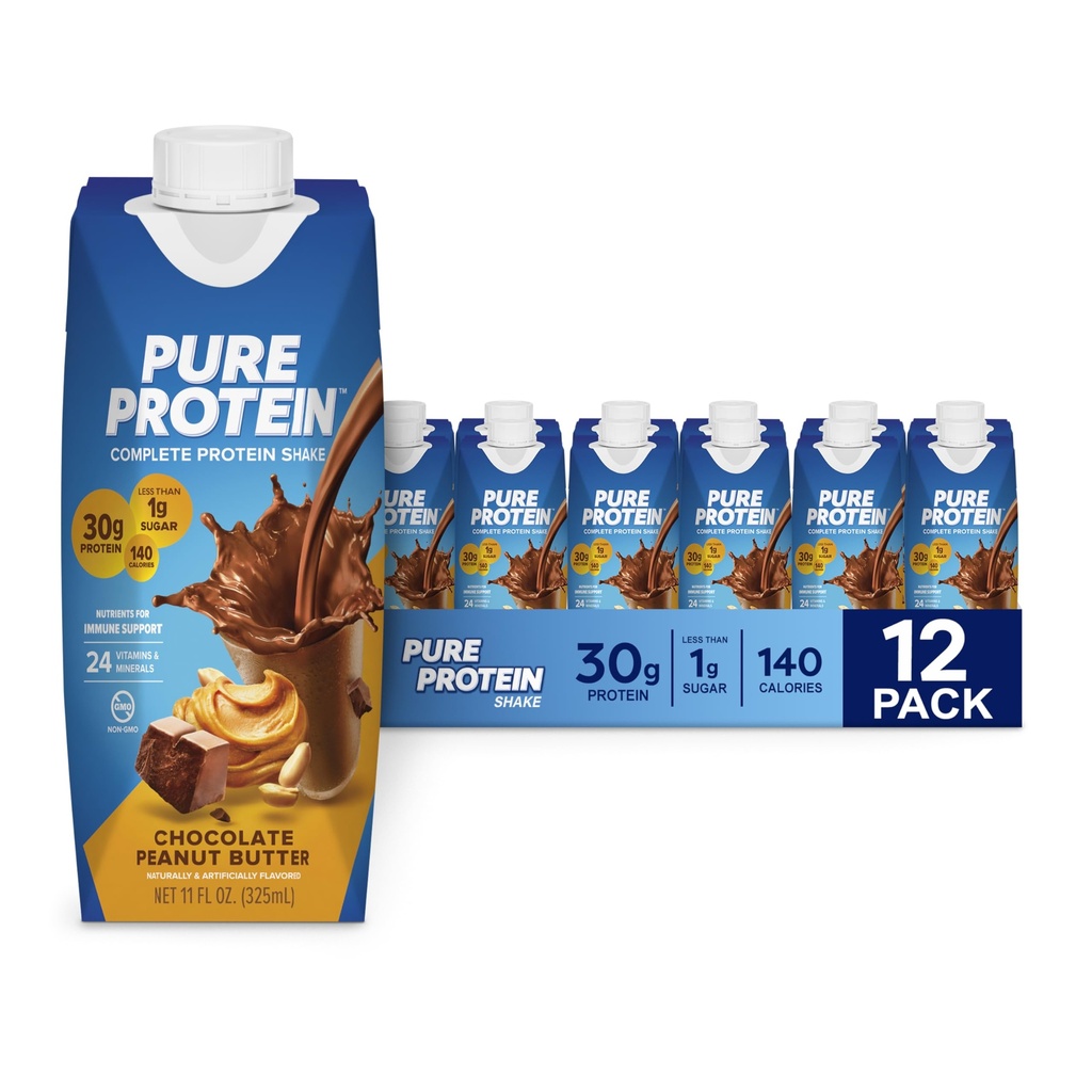 Pure Protein Complete Protein Shake, Chocolate Peanut Butter, 30g High Protein Drink, Less than 1g Sugar, 3g Fiber, Ready to Drink, Non GMO, On-the-Go Shakes, 11oz Bottles, 12 Pack