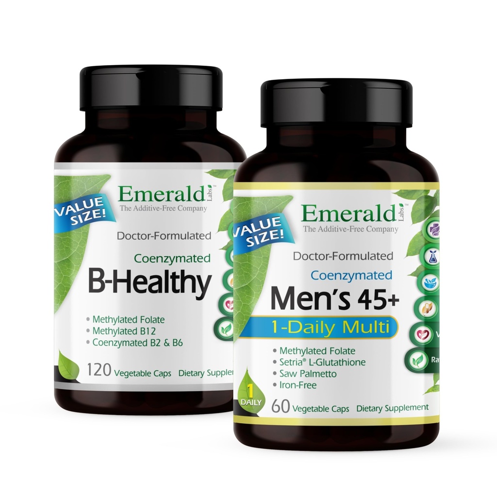 EMERALD LABS Bundle with B Healthy (120 Veg Caps) & Men's 45+ 1-Daily Multi (60 Veg Caps) - Vegan Vitamin B Complex with Full Spectrum B Vitamins - Men's Multivitamin with CoQ10, Lycopene & More