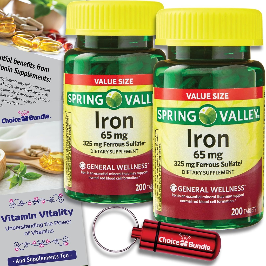 Spring Valley Iron 65 mg Tablets Ferrous Sulfate Value Size 200 Ct 2 Pk (400 Total) + Vitamin Vitality & Pill Container (4 Items)!