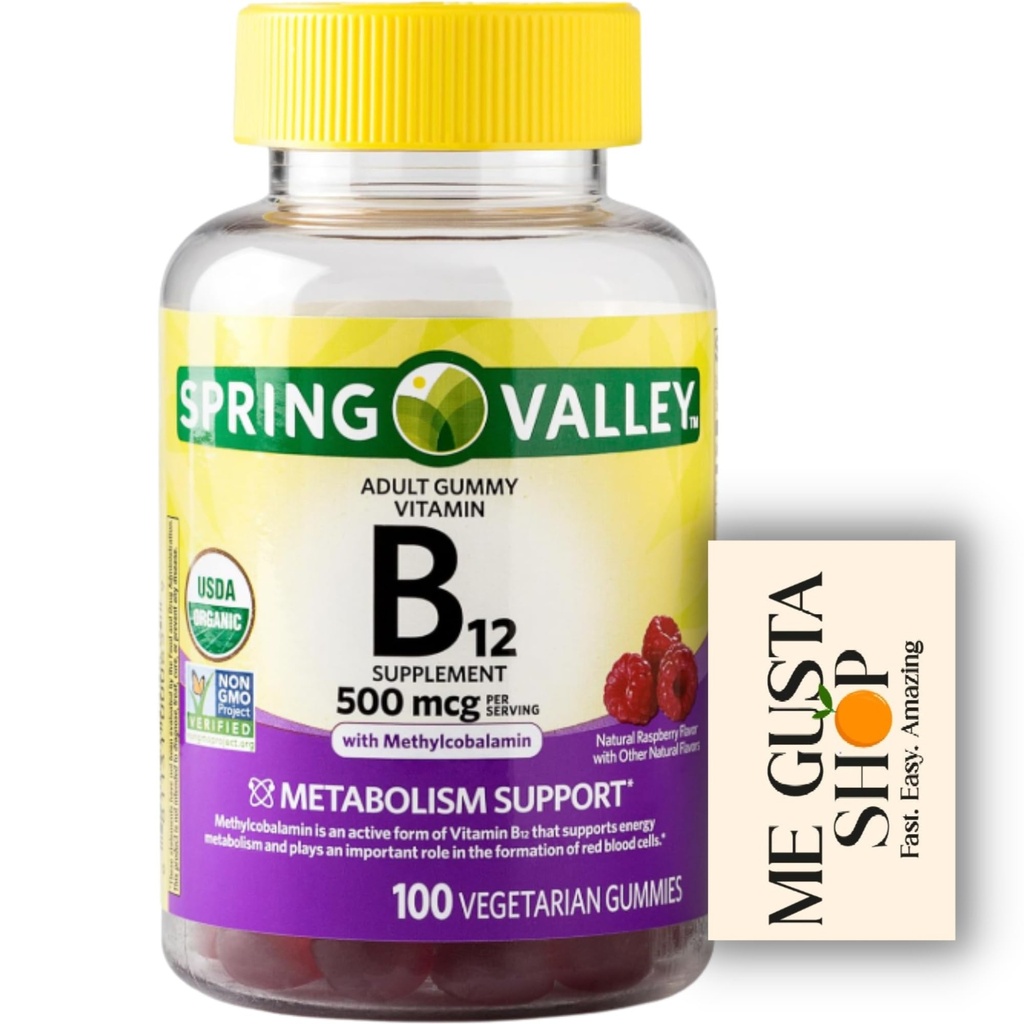 B12 500 mcg Spring Vallley Raspberry Flavor Gummy Vitamin B12 Gummies 100 ct (Pack of 1) + me Gusta Sticker
