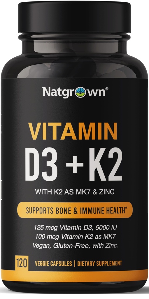 Natgrown Vitamin D3 5000 IU + K2 MK7 100mcg with Zinc - Plant Based Supplement for Bone and Immune Support with Superfood Blend, Gluten-Free - 120 Capsules