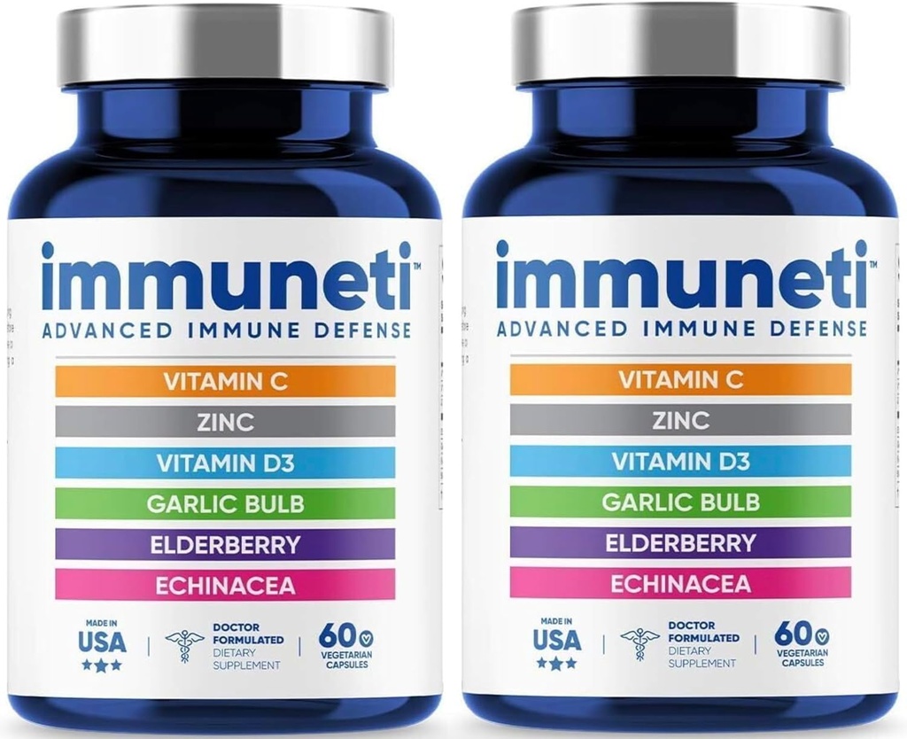 Immuneti - Advanced Immune Defense, 6-in-1 Ισχυρό μείγμα βιταμίνης C, Βιταμίνη D3, Ψευδάργυρος, Καρποί κουφοξυλιάς, Echinacea - 2 Pack - Υποστηρίζει τη συνολική υγεία