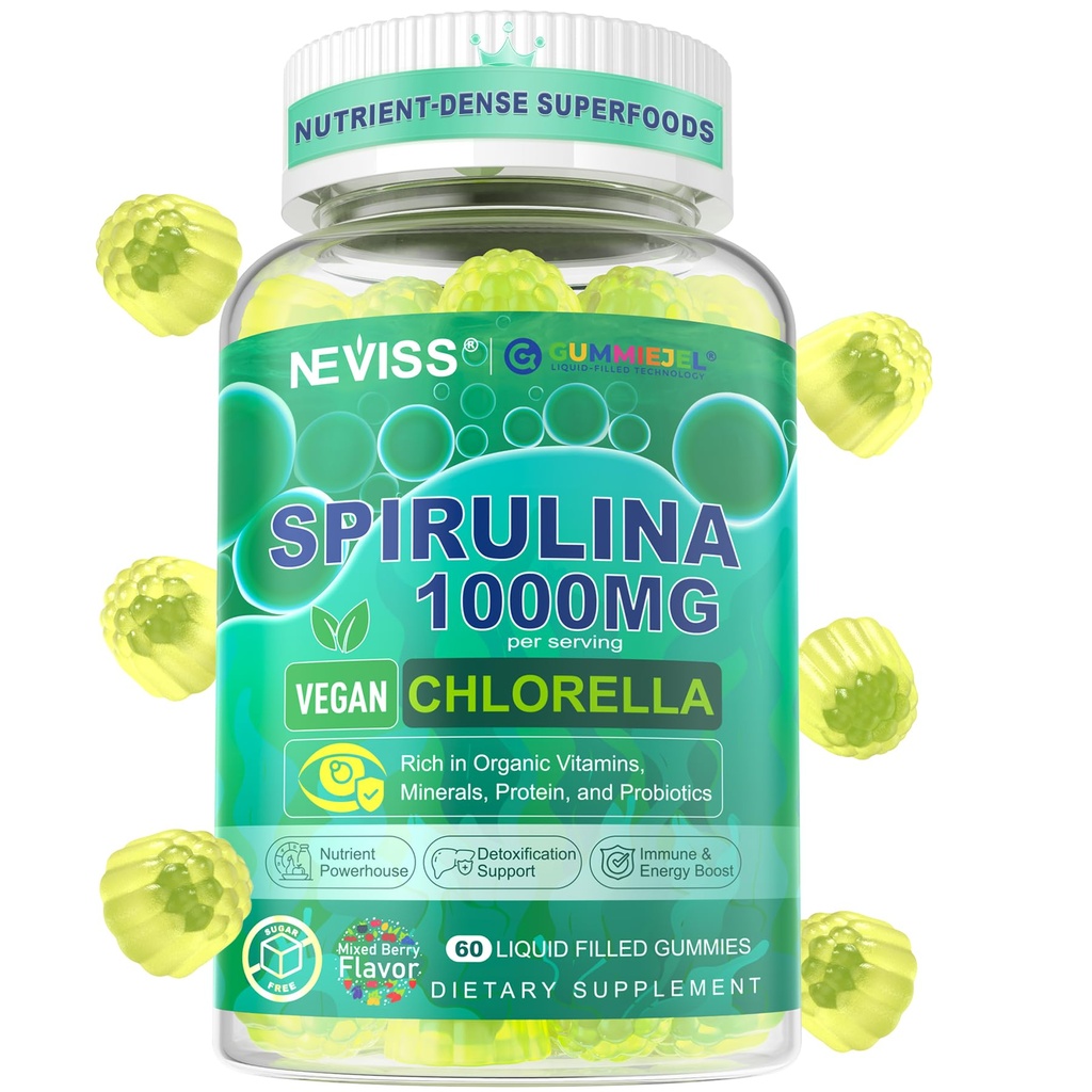 NEVISS Spirulina & Chlorella Gummies, Multivitamin + Probiotic + Super Greens Superfood, Rich in Antioxidants, Chlorophyll, Protein, Essential Amino Acids for Cellular, Energy, Immunity & Eye, 60 Cts