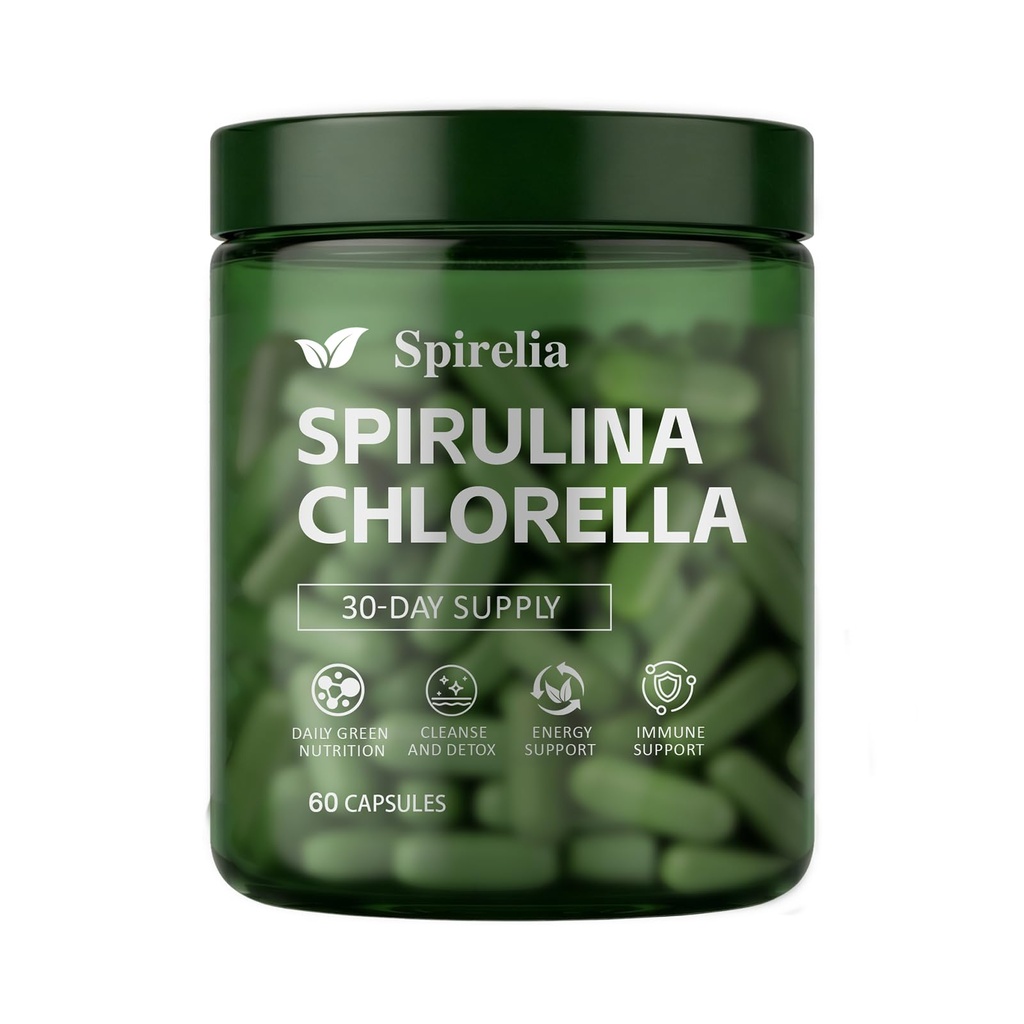 Spirelia Spirulina and Chlorella Capsules, Spirulina Chlorella for Energy and Immune Support, Rich in Chlorophyll, Vitamins, 60 Capsules (1PC)