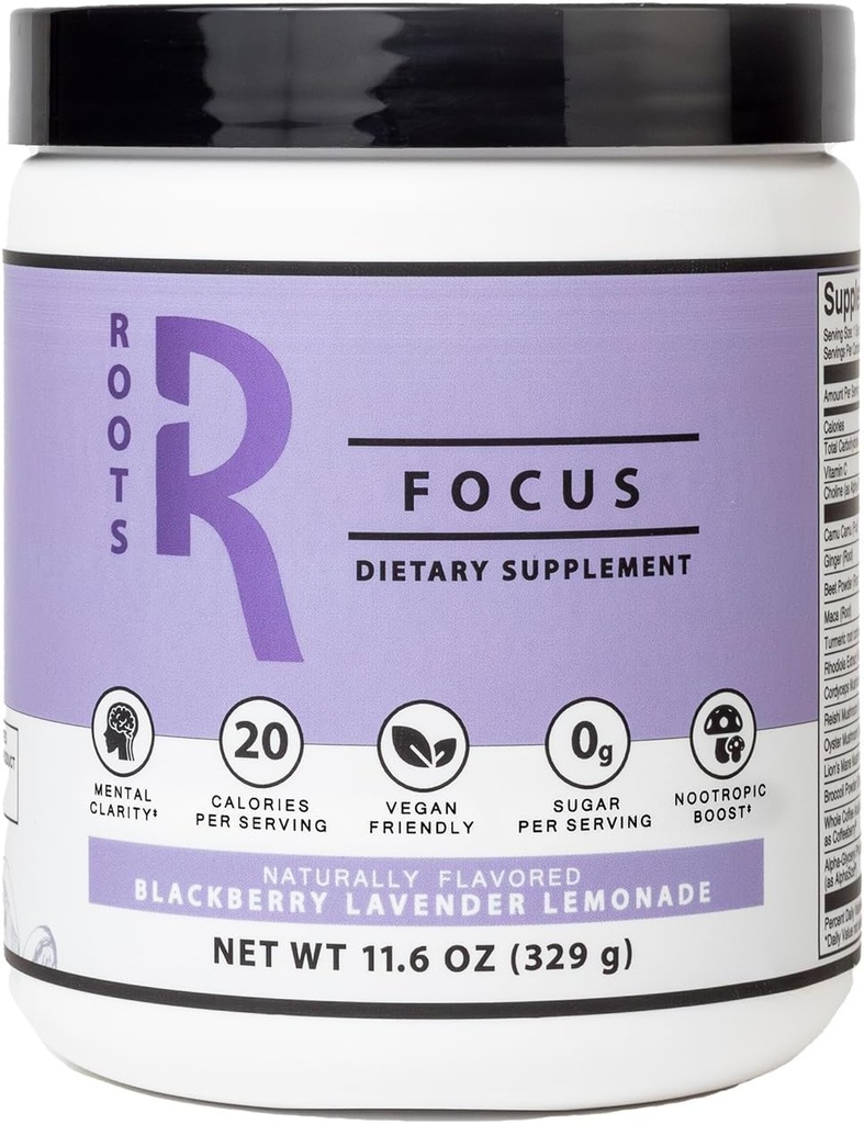 Διατροφή Ασημένιο Αστέρι, Roots Focus Nootropic Brain Supplement - BlackBerry Lavender Lemonade, Blend of Lion's Mane, Cordyceps, & Reishi Λειτουργικά Μανιτάρια + Εκτεταμένη καφεΐνη, 50 Υπηρεσίες