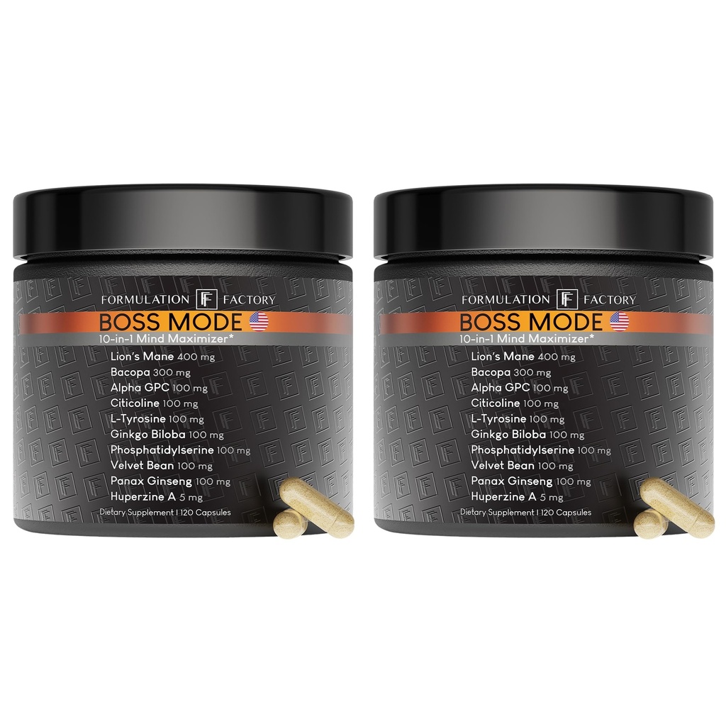 Formulation Factory BOSS Mode 10-in-1 Nootropic Complex with Lion's Mane, Alpha-GPC, Bacopa Monnieri, Ginkgo Biloba, Rhodiola, Ashwagandha & L-Tyrosine - 240 Capsules, 4 Month Supply