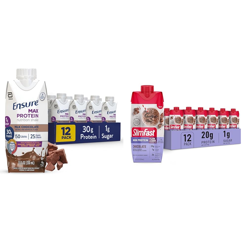 Ensure Max Protein Nutrition Shake 30g Protein 12 Pack + SlimFast High Protein Meal Replacement Shake Chocolate 20g Protein 24 Vitamins and Minerals 12 Pack