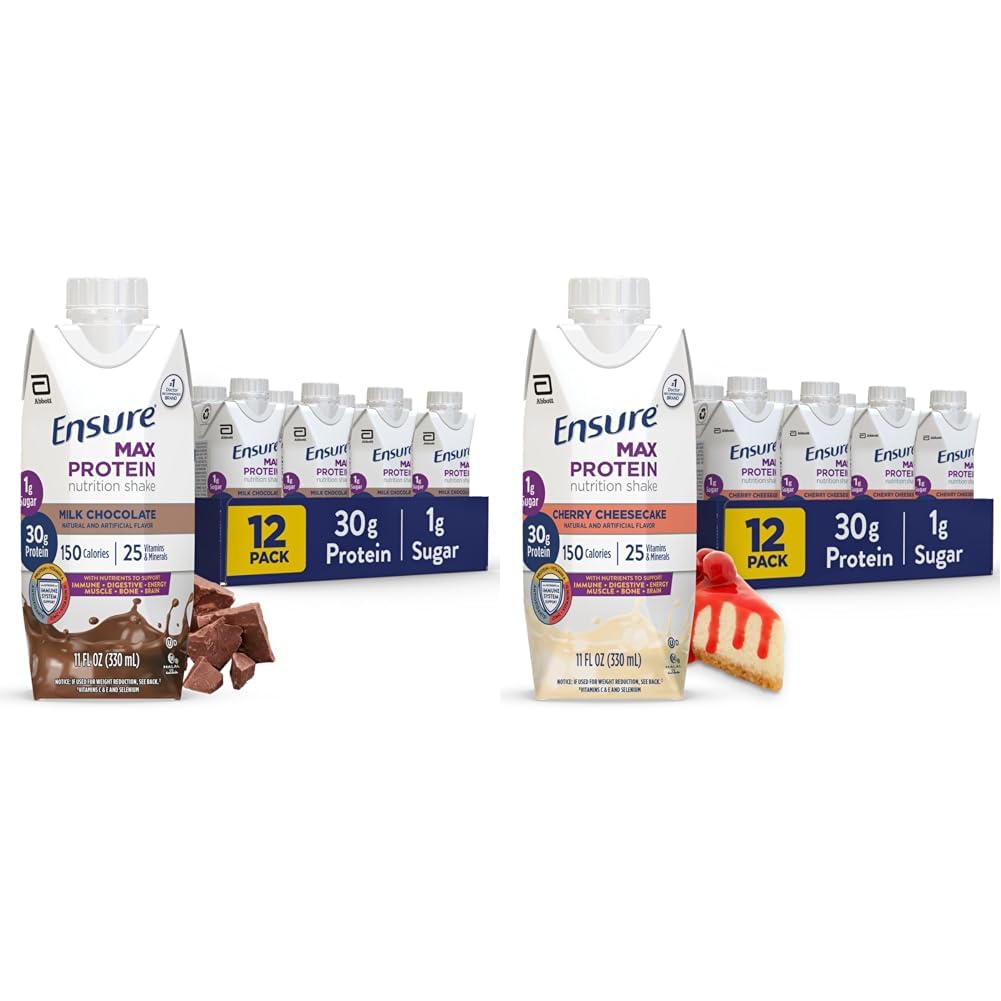 Ensure Max Protein Nutrition Shakes, 30g Protein, 1g Sugar, 25 Vitamins & Minerals, 7 Flavors including Cherry Cheesecake & Creamy Peach, Pack of 12