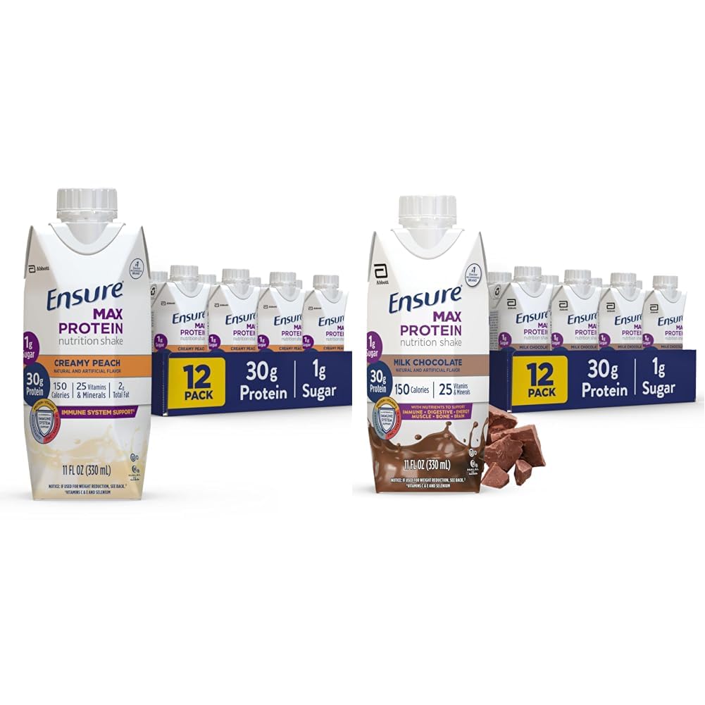 Ensure Max Protein Nutrition Shake with 30g Protein, 25 Vitamins & Minerals, New Creamy Peach & Cherry Cheesecake Flavors, Pack of 12