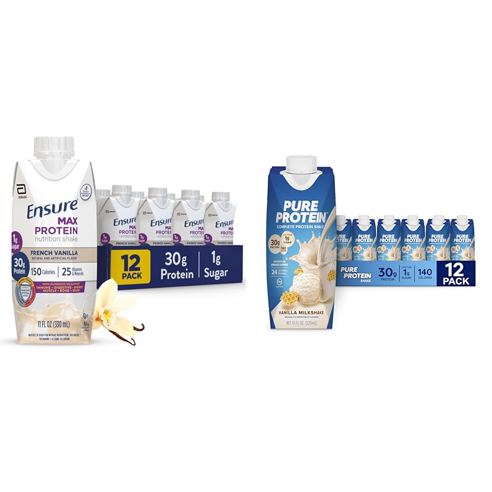 Ensure Max Protein Nutrition Shake with 30g Protein & Pure Protein Vanilla Shake with 30g Protein, 12 Packs