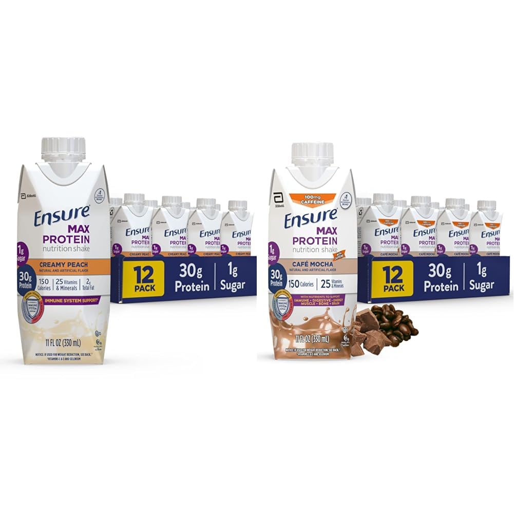 Ensure Max Protein Nutrition Shake with 30g Protein, Creamy Peach & Cafe Mocha Flavors, Pack of 12, 11 fl oz