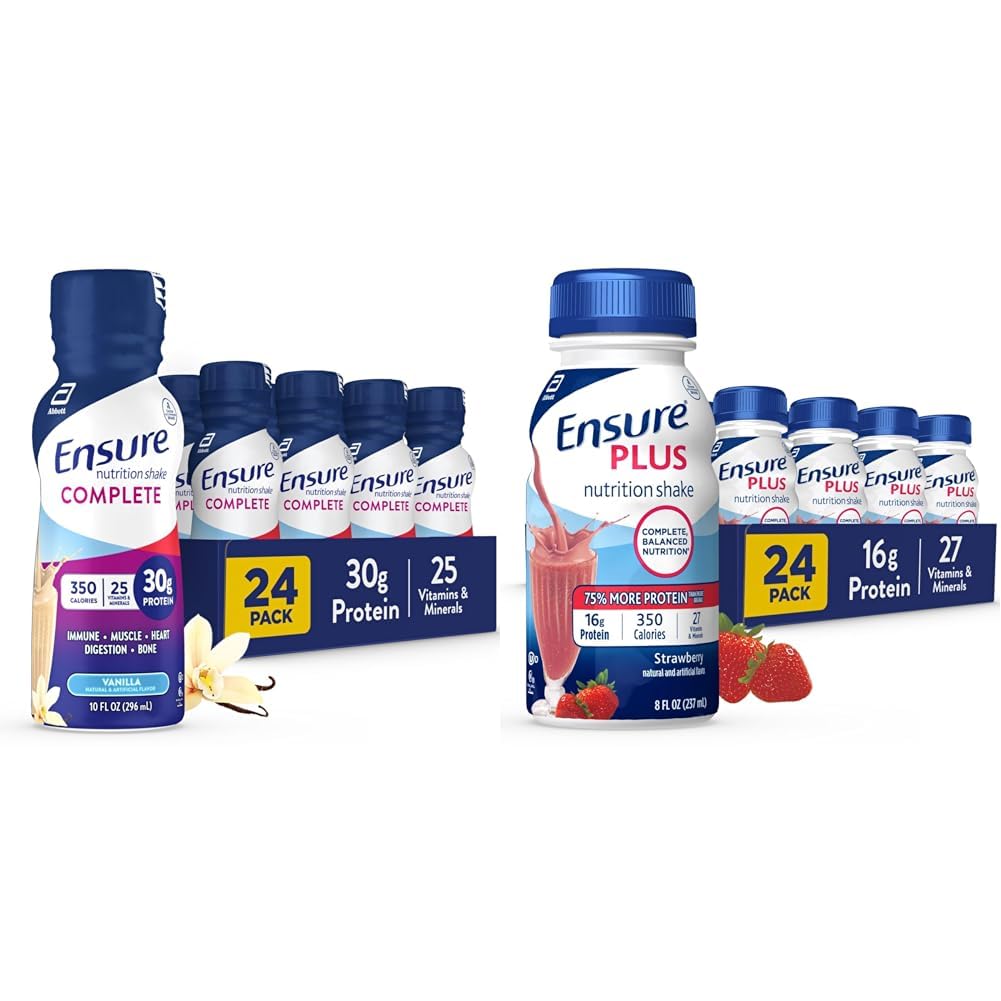 Ensure Complete Nutrition Shake with 30g Protein & Ensure Plus Strawberry Nutrition Shake Bundle, Meal Replacement Shakes, 24 Pack