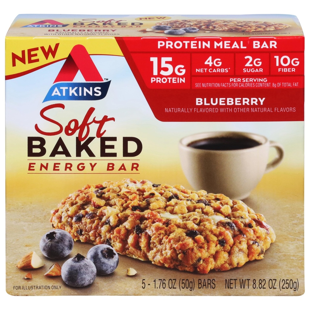 Atkins Soft Baked Energy Bars, Blueberry, 15g Protein, Excellent Source of Fiber, 2g Sugar, 1 pack (5 Bars)
