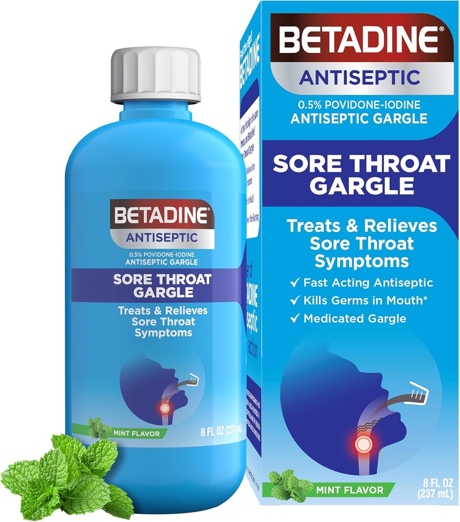 Betadine Αντισηπτικά Φάρμακα Gargle, Povidone-Iodine 0,5%, Θεραπεία και ανακούφιση των συμπτωμάτων πονόλαιμος, Προσωρινά μειώνει τα μικρόβια που βρίσκονται κανονικά στο στόμα, γεύση μέντας, 8 FL OZ