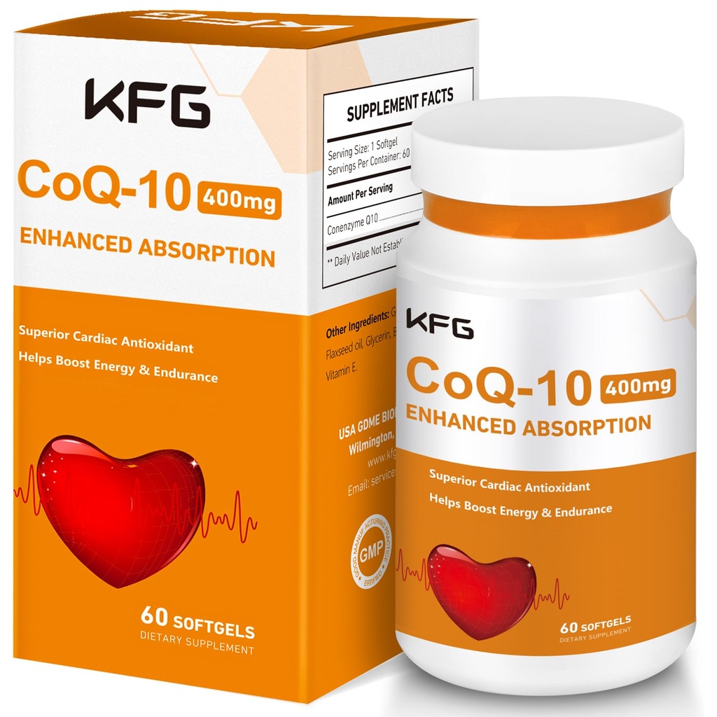 KFG CoQ10 400mg Softgels, Coenzyme Q10 Supplements Support Heart Health, Cardiovascular Health, Immune System & Cellular Energy Production, Gluten Free