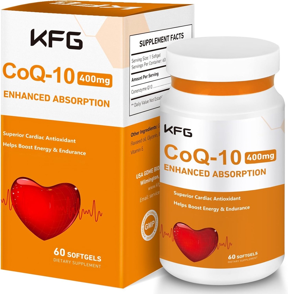 KFG CoQ10 400mg Softgels, Coenzyme Q10 Supplements Support Heart Health, Cardiovascular Health, Immune System & Cellular Energy Production, Gluten Free