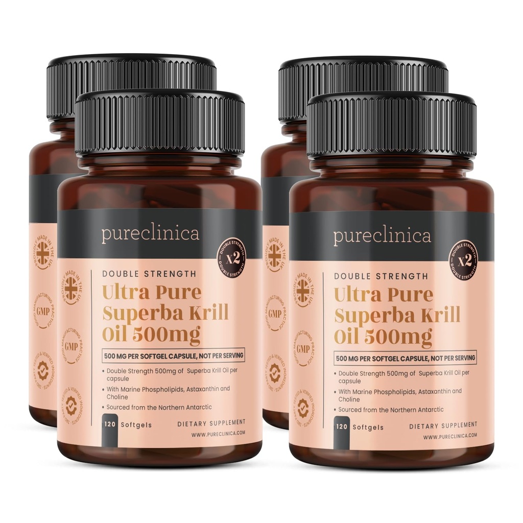 pureclinica Ultra Pure Krill Oil 500mg x 480 Capsules (4 Bottles) - Sourced in The Unpolluted Waters of Antarctic Providing a Rich Supply of Astaxanthin and Omega 3