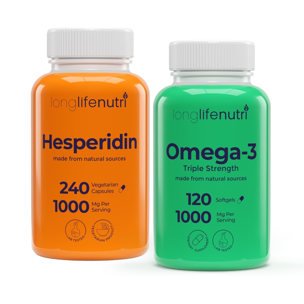 LongLifeNutri Hesperidin 1000 mg & Omega 3 Fish Oil 1000 mg Bundle - 240 Capsules + 120 Softgels, 4 Month Supply, Circulatory & Cognitive Support, Non-GMO, GMP Certified, Made in USA
