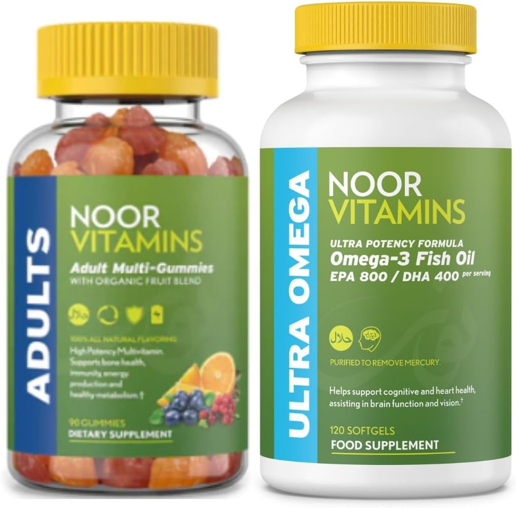 Noor Vitamins Halal Vitamins Adult Bundle - Multivitamin Gummies and Ultra Omega 3