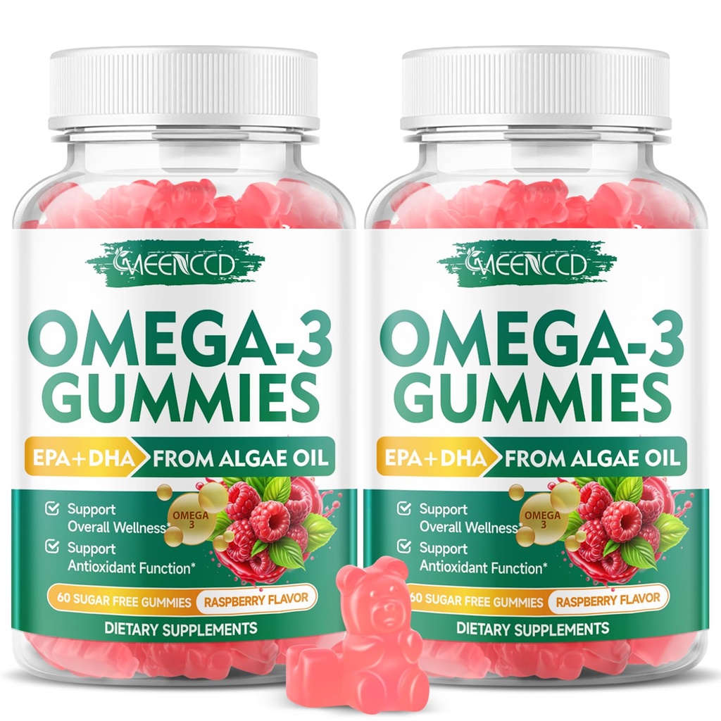 2 Pack Omega-3 Gummies 1000mg, Omega 3 Fish Oil Alternative for Adults, Algae-Based DHA 600mg & EPA 300mg + Vitamins A, C, E, Zinc, Supports Overall Wellness, Raspberry Flavor, 120 Count