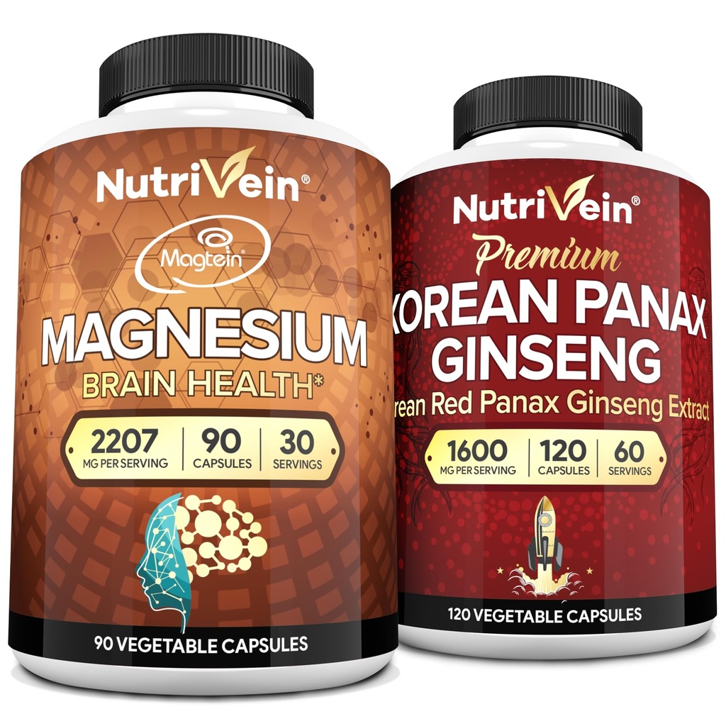 Nutrivein Premium Μαγνήσιο L-Θρεονικό & Panax Ginseng συμπλήρωμα Δέσμη: Θρεονικό μαγνήσιο υψηλής απορρόφησης και κόκκινο Ginseng συμπλήρωμα Ζεύγος για τον εγκέφαλο, Mood, & Ζωτικότητα