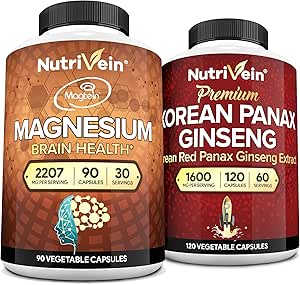 Nutrivein Premium Μαγνήσιο L-Θρεονικό & Panax Ginseng συμπλήρωμα Δέσμη: Θρεονικό μαγνήσιο υψηλής απορρόφησης και κόκκινο Ginseng συμπλήρωμα Ζεύγος για τον εγκέφαλο, Mood, & Ζωτικότητα