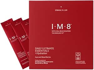 IM8 Καθημερινή Ultimate Απαραίτητα All-in-One Multivitamin Supplement, 92 Nutrient Πλούσια συστατικά CoQ10, Προβιοτικά, Βιταμίνες, Πράσινα, Χωρίς Γλουτένη, Vegan, Acai Mixed Berry (30 υπηρεσίες, ταξιδιωτικές συσκευασίες)