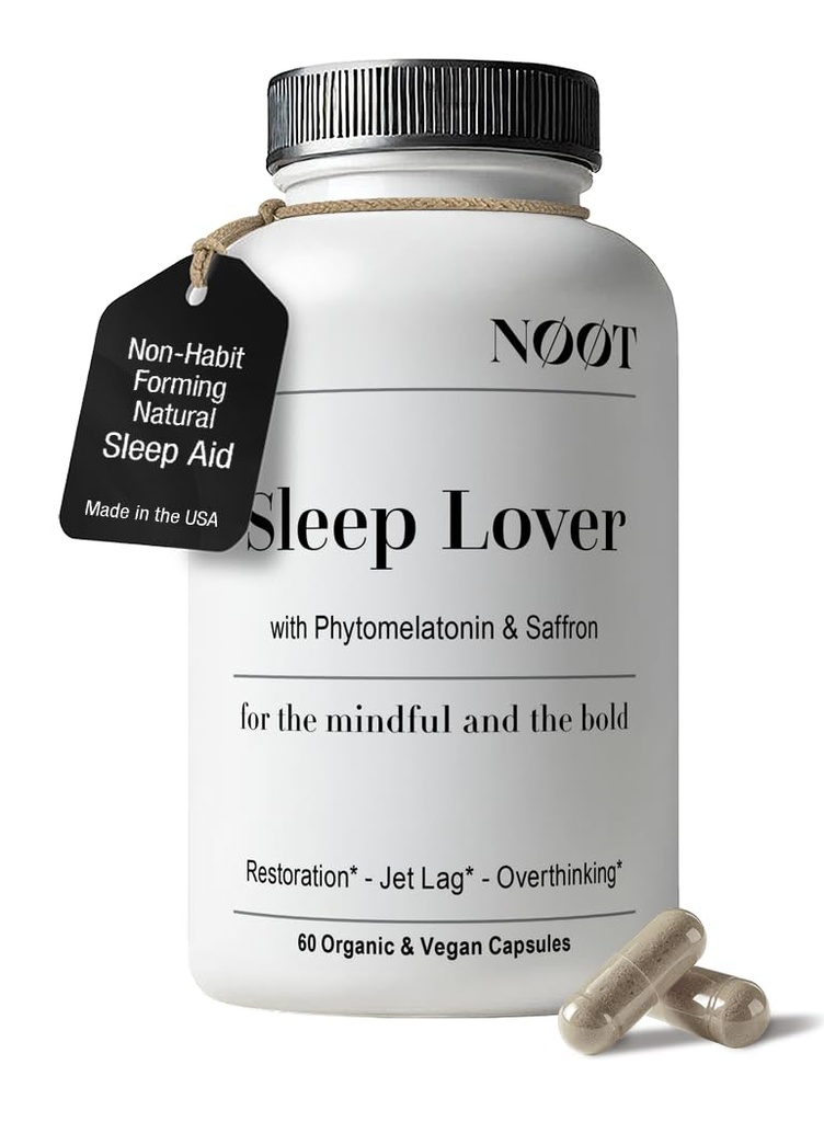 NOOT Sleep Lover Supplement – Natural Sleeping Aid for Adults & Students | Non-Habit Forming Sleep Supplement w. Ashwagandha, Lemon Balm, L-Theanine & Phytomelatonin | Deep Rest Support | 60 Capsules