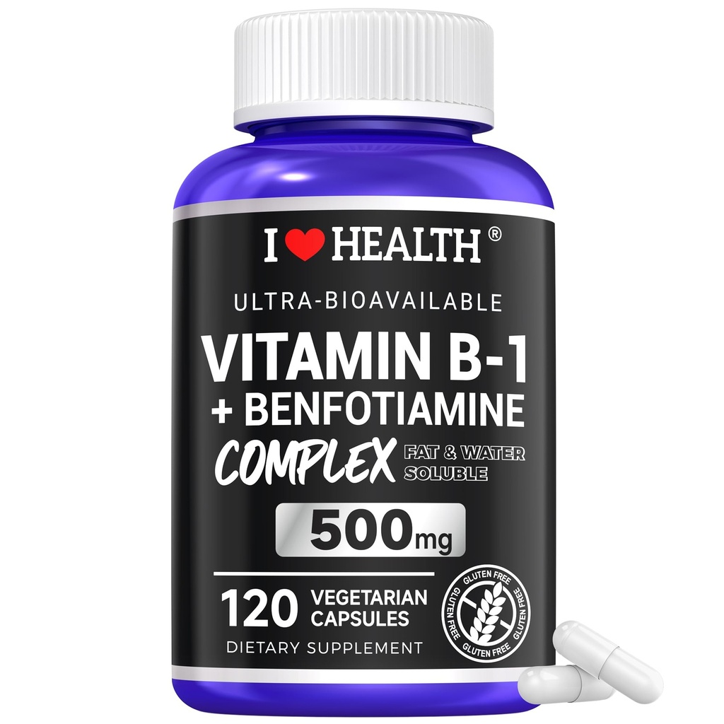 Vitamin B1 500mg with Benfotiamine 20mg, 120 Capsules – 2 in 1 B-1 Complex Enhanced Formula – Fat & Water Soluble Thiamine B1 Supplement – Third Party Lab Tested, Non-GMO, No Gluten
