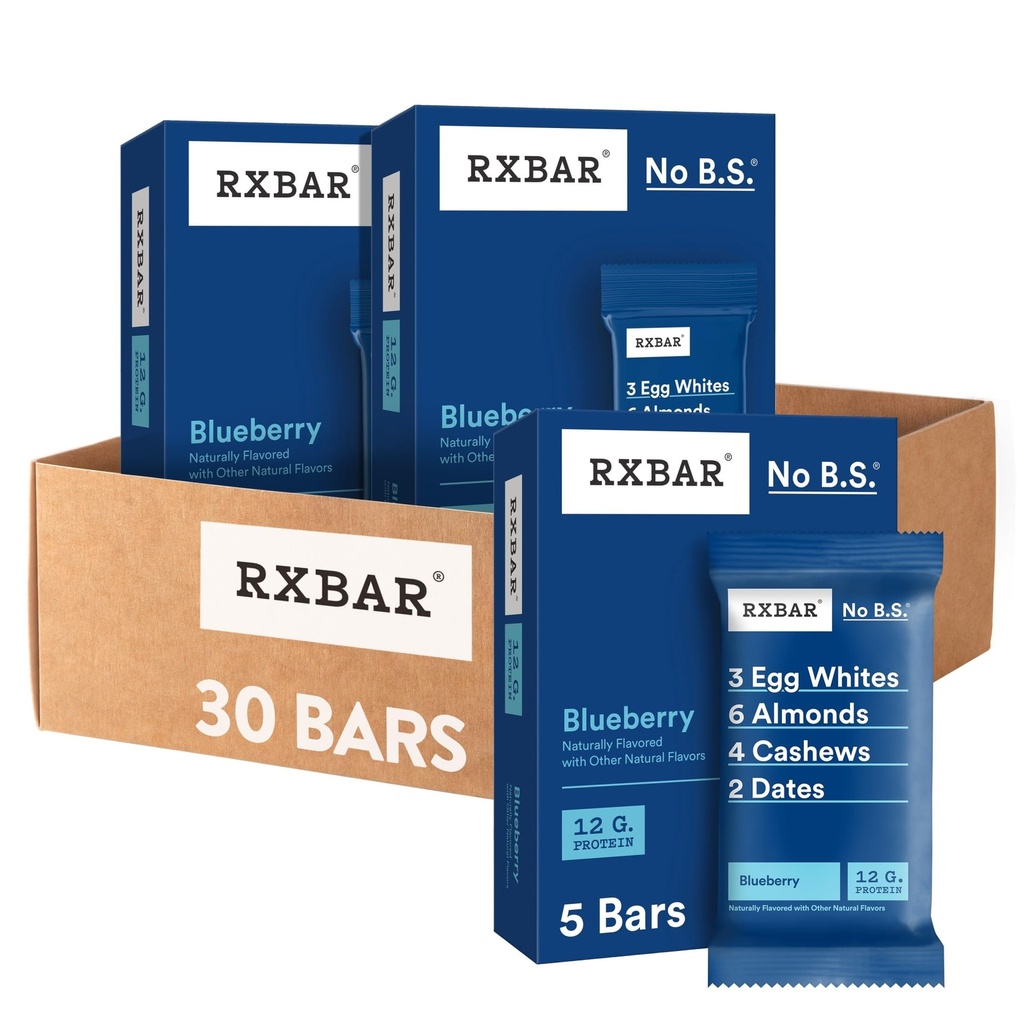 RXBAR Protein Bars, 12g Protein, Gluten Free Snacks, Blueberry (6 Boxes, 30 Bars)