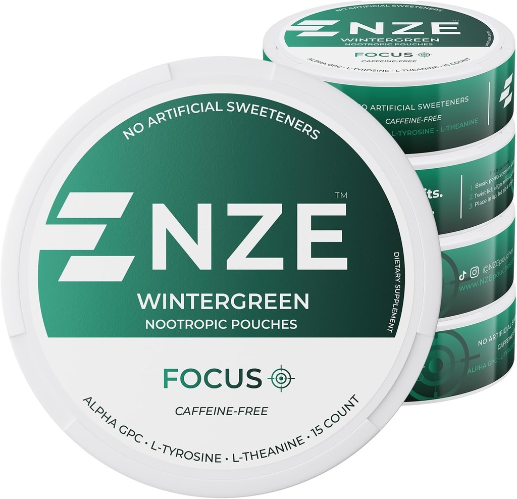 NZE Caffeine Free Nootropic Pouches (Wintergreen) - Nootropic Pouches με Alpha GPC, L-Tyrosine & L-Theanine - Χωρίς Ζάχαρη ή Τεχνητά γλυκαντικά - 15 Pouches Per Can - 5 Pack