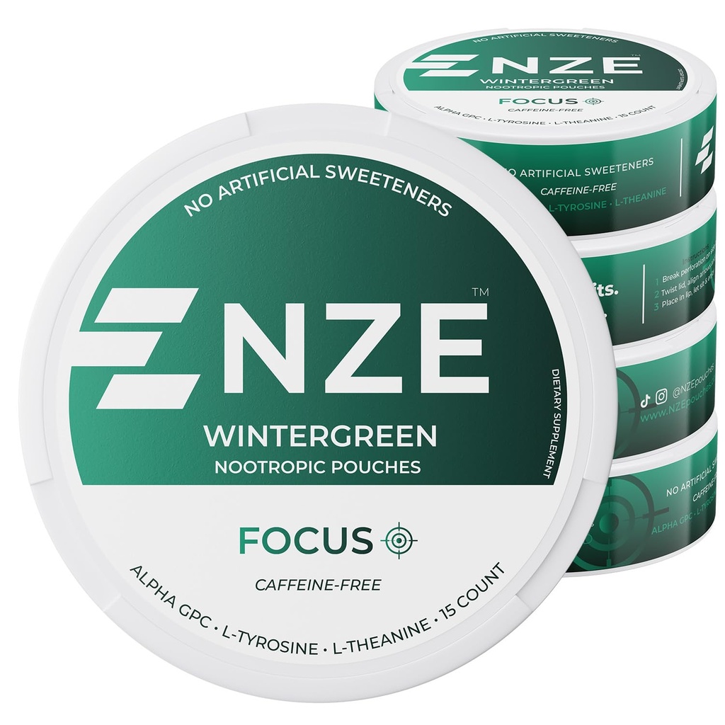 NZE Caffeine Free Nootropic Pouches (Wintergreen) - Nootropic Pouches με Alpha GPC, L-Tyrosine & L-Theanine - Χωρίς Ζάχαρη ή Τεχνητά γλυκαντικά - 15 Pouches Per Can - 5 Pack