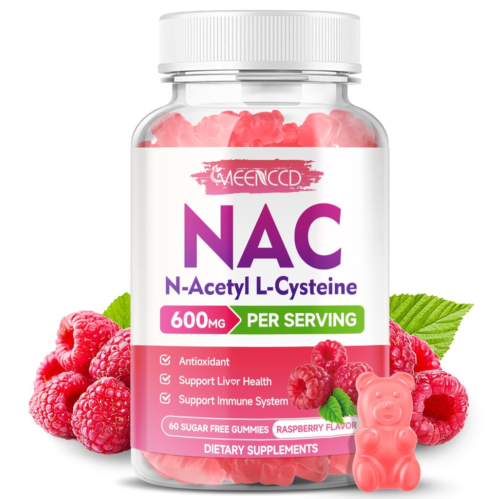 MEENCCD NAC Gummies, N Acetyl Cysteine 600mg, NAC Supplement for Antioxidants & Immune Support, Sugar-Free, Natural Raspberry Flavor, 60 Count