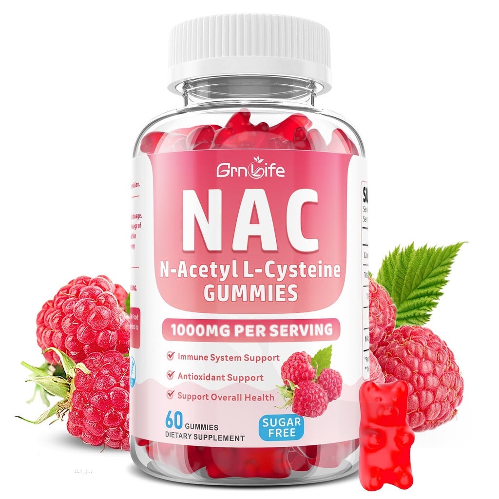 NAC Gummies for Kids & Adults, 1000mg N Acetyl Cysteine Supplement NAC Chewable for Antioxidants & Immune Support, Liver Health, Raspberry Flavor, 60 Count