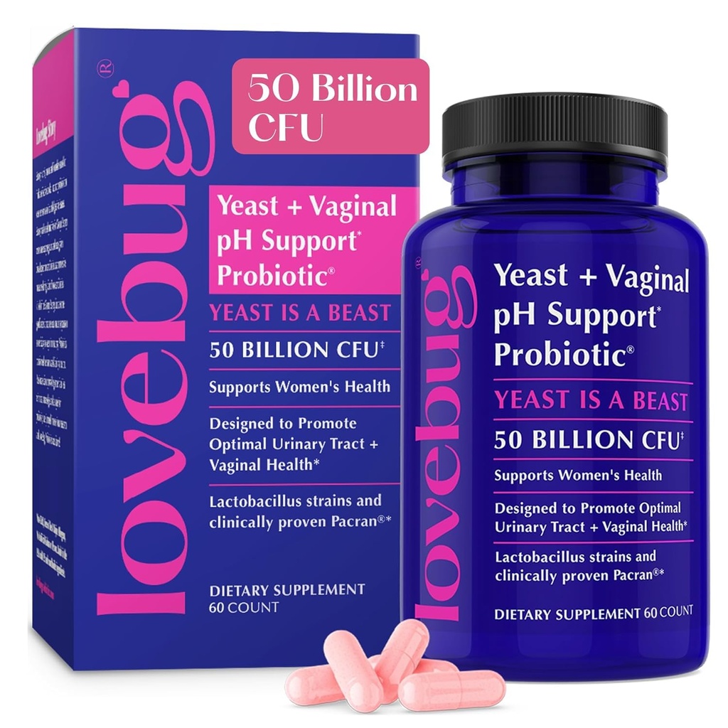 Lovebug Yeast και Κολπικά Προβιοτικά για γυναίκες pH Ισορροπία & Ουρολοίμωξη, 50 δισεκατομμύρια CFU, UTI, BV, Odor Υποστήριξη με Lactobacillus, Bifidobacterium, Digestive & Κολπική Υγεία Συμπλήρωμα 60 κάψουλες