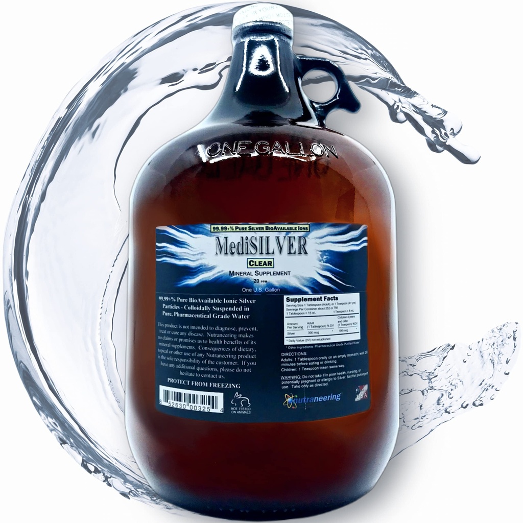 MediSILVER Clear True Free Ionic Colloidal Silver - 1 US Gallon (128 Fl Oz) in Amber Glass Jug