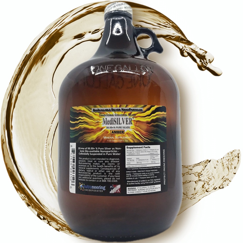 MediSILVER Amber Immunity Booster Traditional True Colloidal Silver AgNP Nutrient - 1 Gallon in Amber Glass Jug