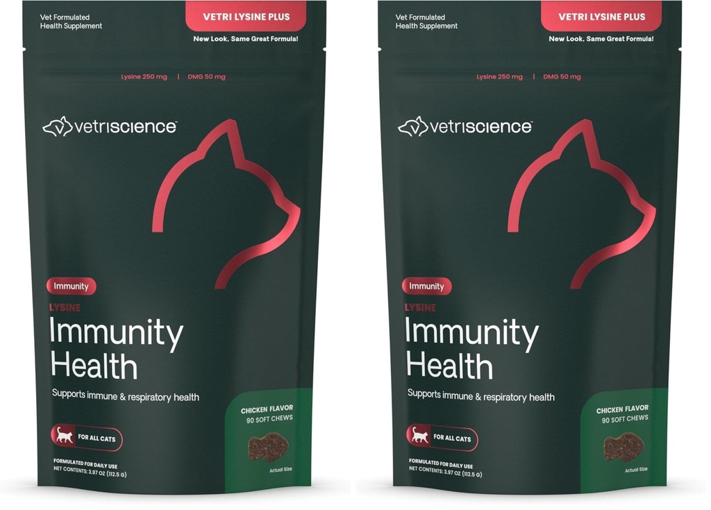 VetriScience Lysine Immunity Health Chews, 250 mg Lysine Plus Immune Supplement for Cats and Kittens with Allergies, Sneezing, Runny Nose and Watery Eyes, Chicken,90 Count (Pack of 2)