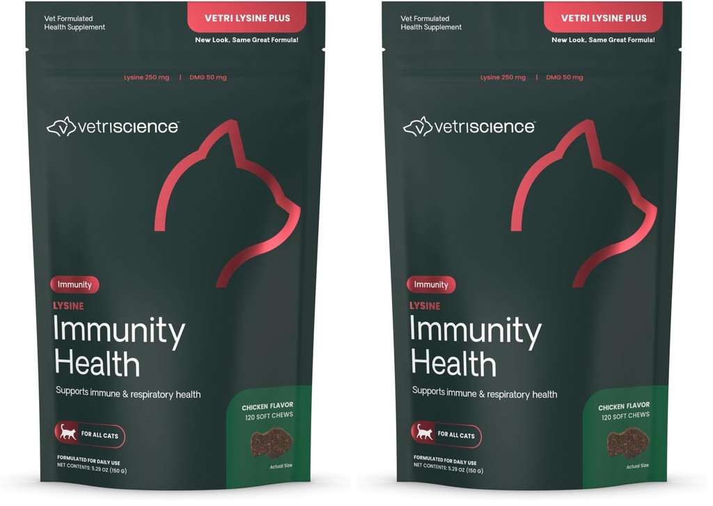 VetriScience Lysine Immunity Health Chews, 250 mg Lysine Plus Immune Supplement for Cats and Kittens with Allergies, Sneezing, Runny Nose and Watery Eyes, Chicken, 120 Count (Pack of 2)