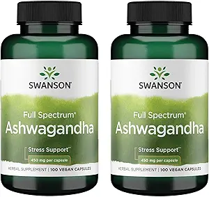 Swanson Ashwagandha Powder Supplement - with Ashwagandha Root to Promote Stress Relief & Energy - Ayurvedic Supplement for Natural Wellness (100 Capsules, 450mg Each) 2 Pack